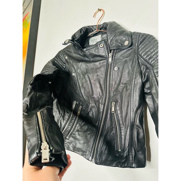 SAMANTHA SIPOS Black Ribbed 100% Leather Biker Cropped Jacket Size Extra Small - Picture 6 of 11